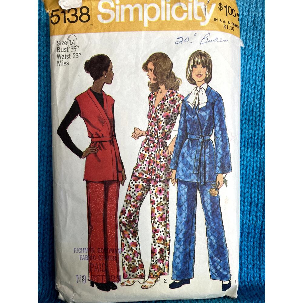 Simplicity 5138 Sewing pattern wide leg pants wrap jacket blouse 1970s size 14